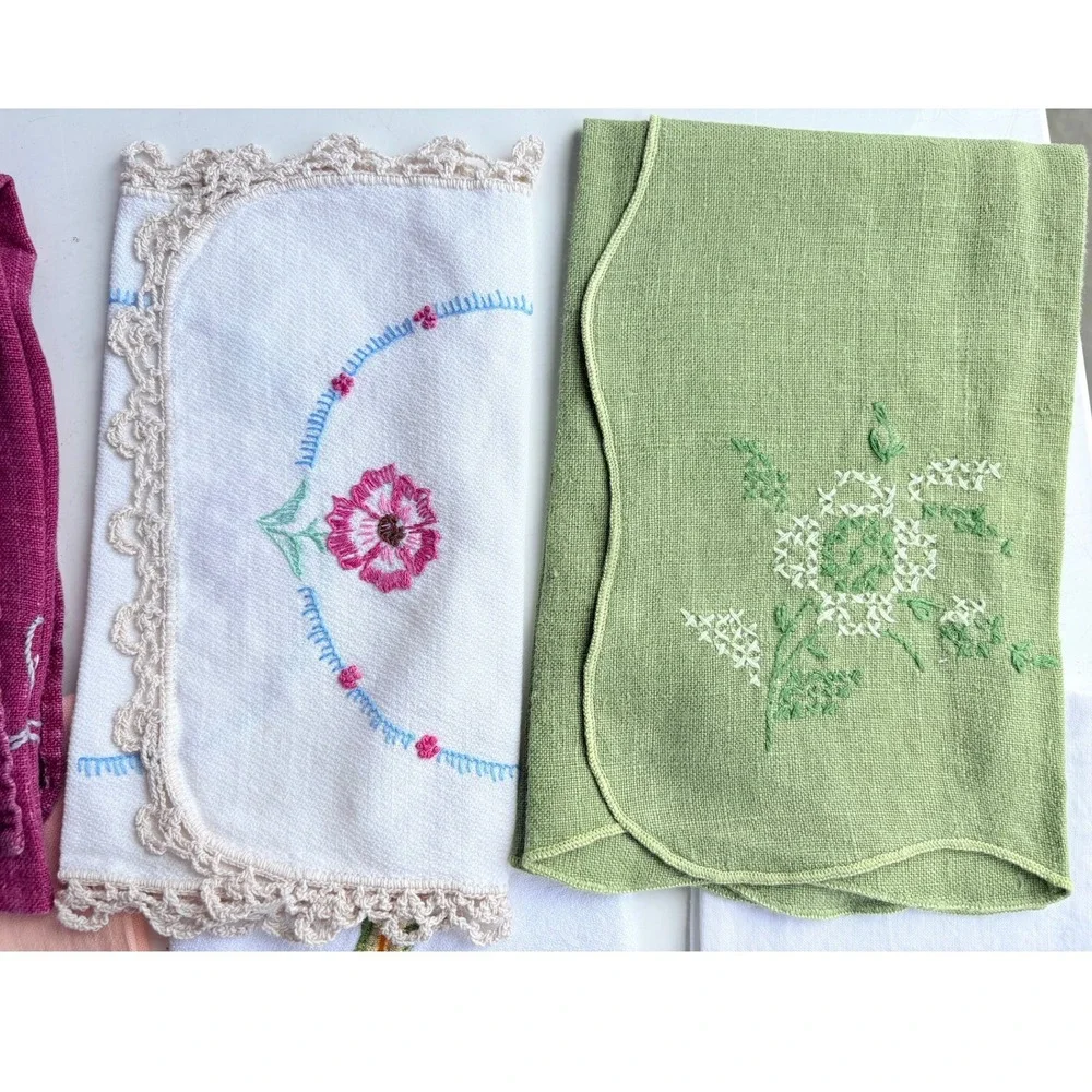Vintage Hand Embroidered Guest Towels Lot of 11 Floral Cross Stitch Mixed Linens